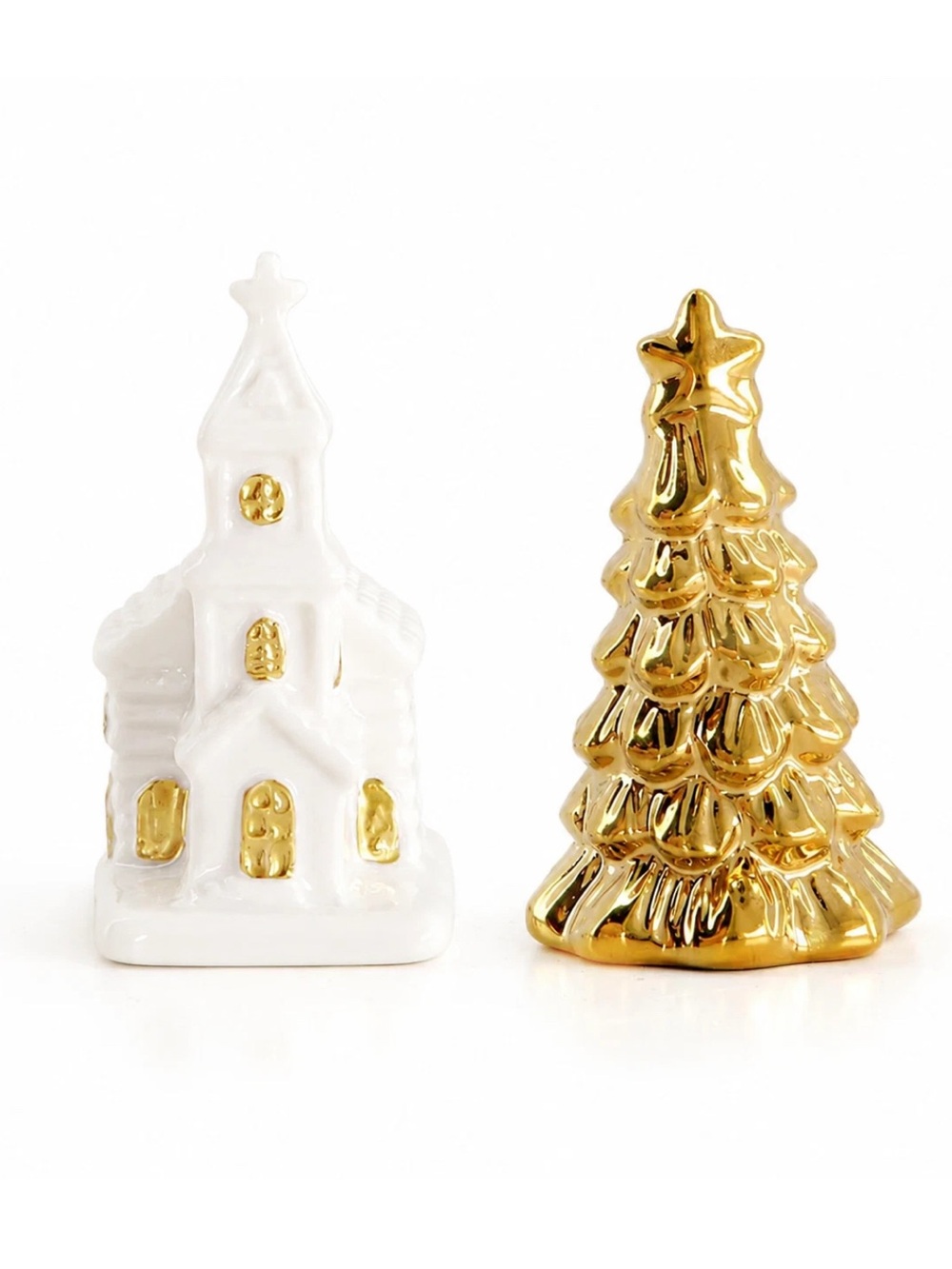 Christmas Church & Tree Mini Salt Pepper Shakers Stoneware Gold White Set